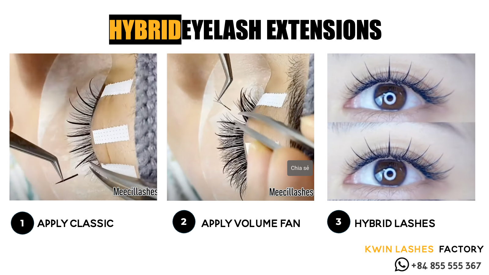 3 steps of hybrid eyelash extensions application