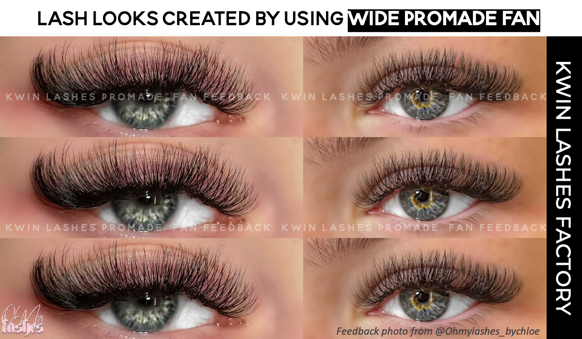 A woman's eyes wearing eyelash extensions using wide promade fan