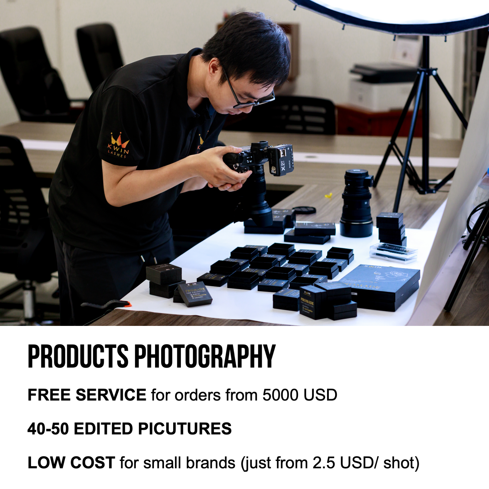 A man holding a camera to take picture of eyelash extensions